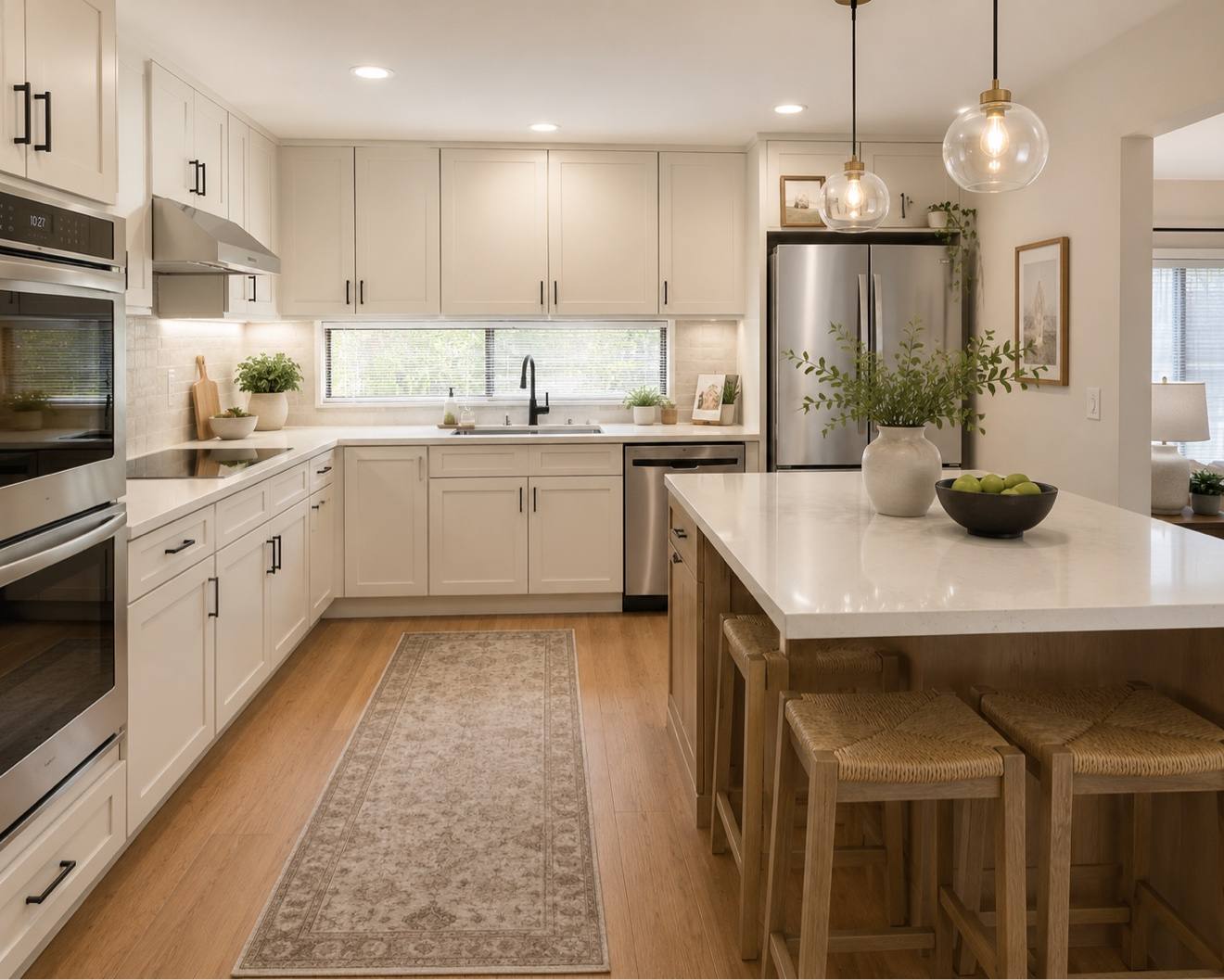 White shaker kitchen with large island by BP Expert Builders